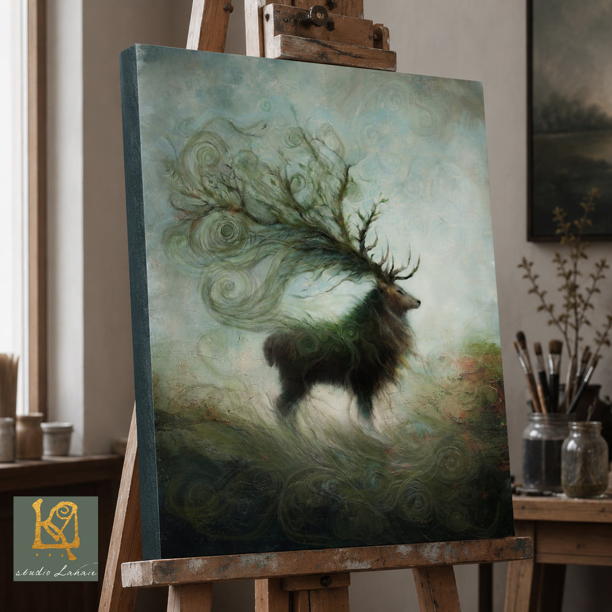 a painting of a deer with large antlers, standing in a misty forest setting.