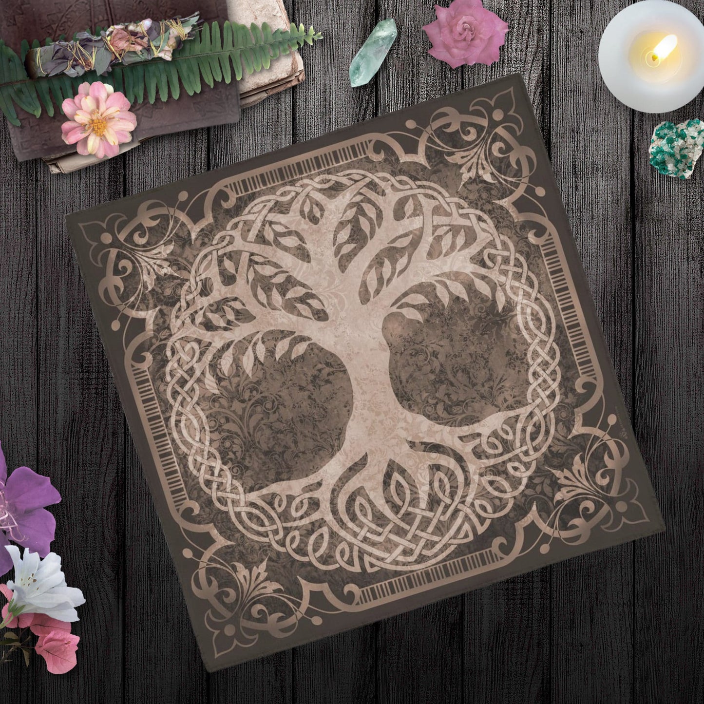 Tree Of Life Tarot Cloth - Celtic And Pagan Altar In Browntan Square