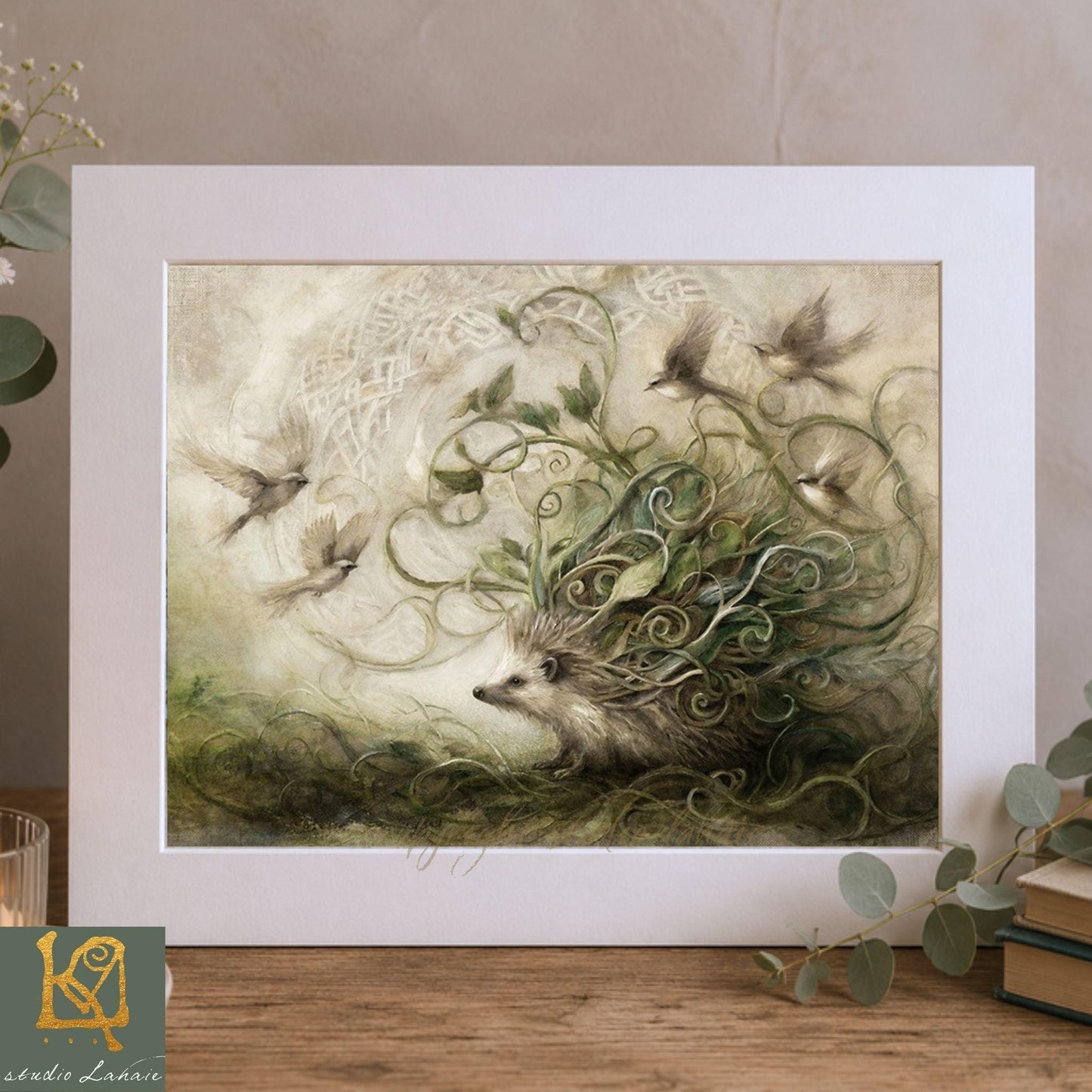 The image is a framed artwork depicting a hedgehog surrounded by birds and plants, creating a whimsical and fantastical scene.