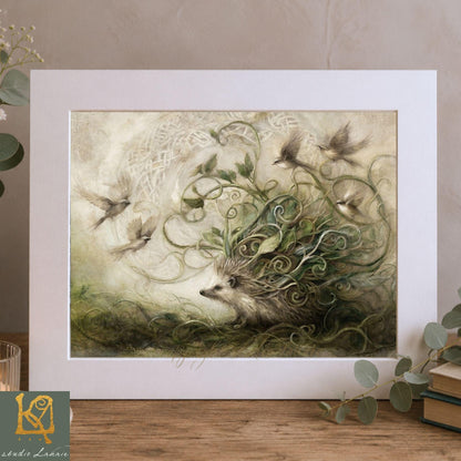 The image is a framed artwork depicting a hedgehog surrounded by birds and plants, creating a whimsical and fantastical scene.
