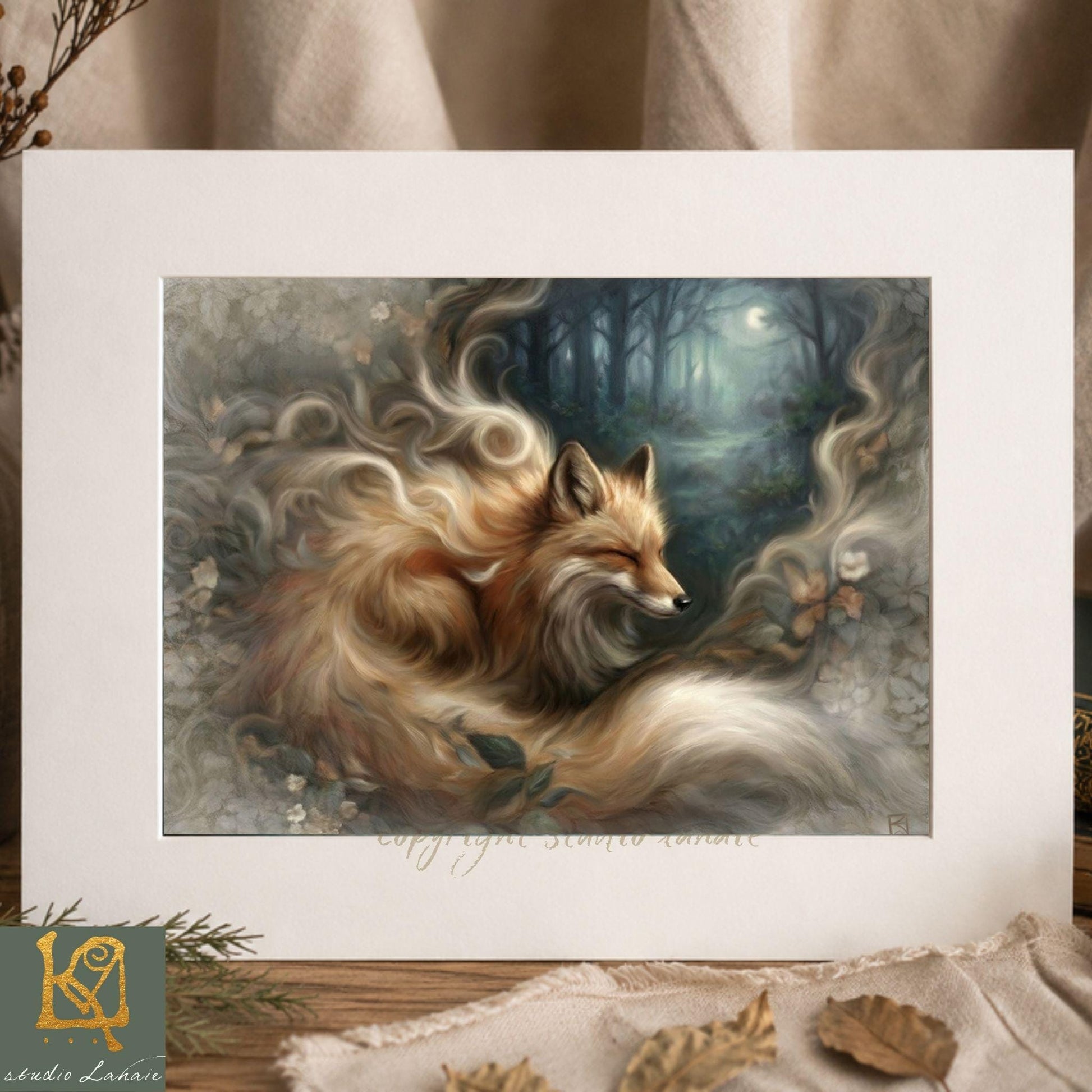 The image is a painting of a fox curled up in a den, surrounded by a forest and a crescent moon.