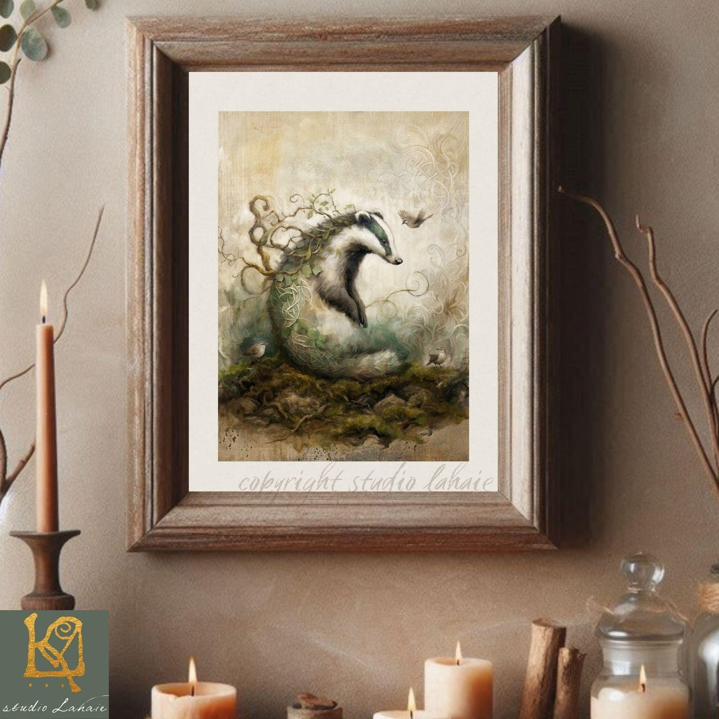 a framed painting of a badger, surrounded by various objects such as candles, branches, and other natural elements.