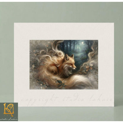 The image is a painting of a fox in a forest setting, with its flowing, golden fur and eyes closed, creating a sense of tranquility and connection with nature.