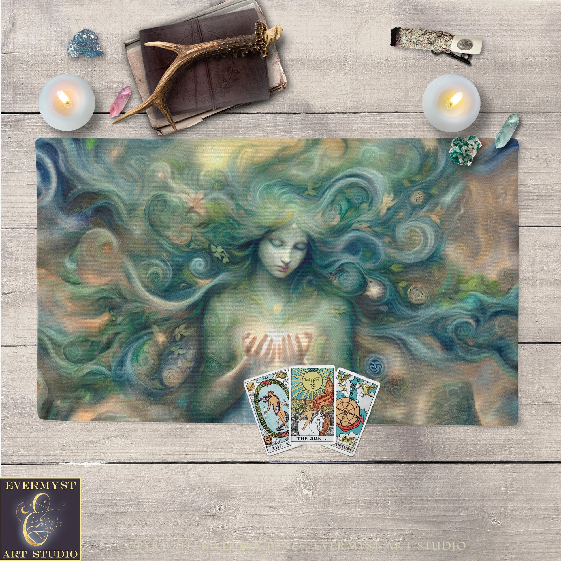 a painting of a woman surrounded by cards and candles