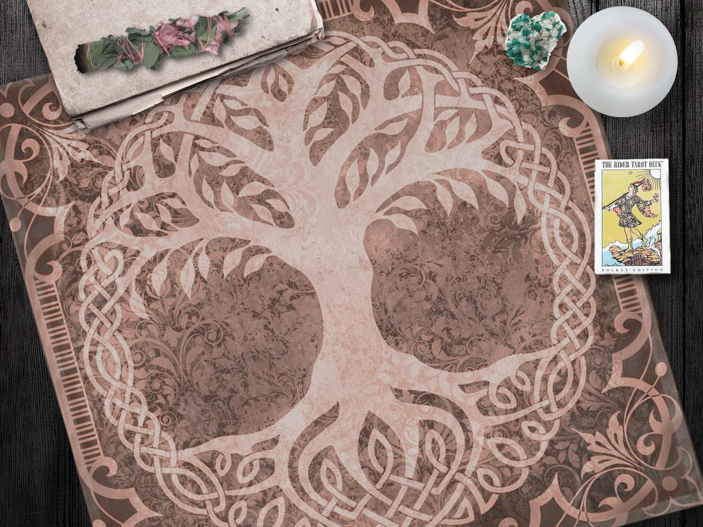 Tree Of Life Tarot Cloth - Celtic And Pagan Altar In Browntan 22X22 Inch Twill Square