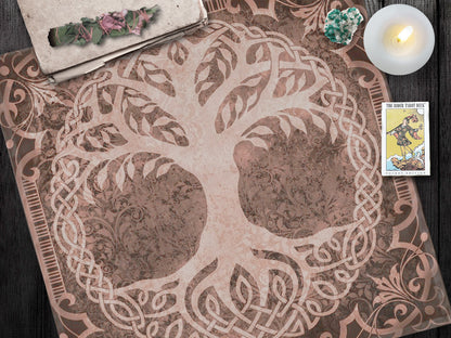 Tree Of Life Tarot Cloth - Celtic And Pagan Altar In Browntan 22X22 Inch Twill Square