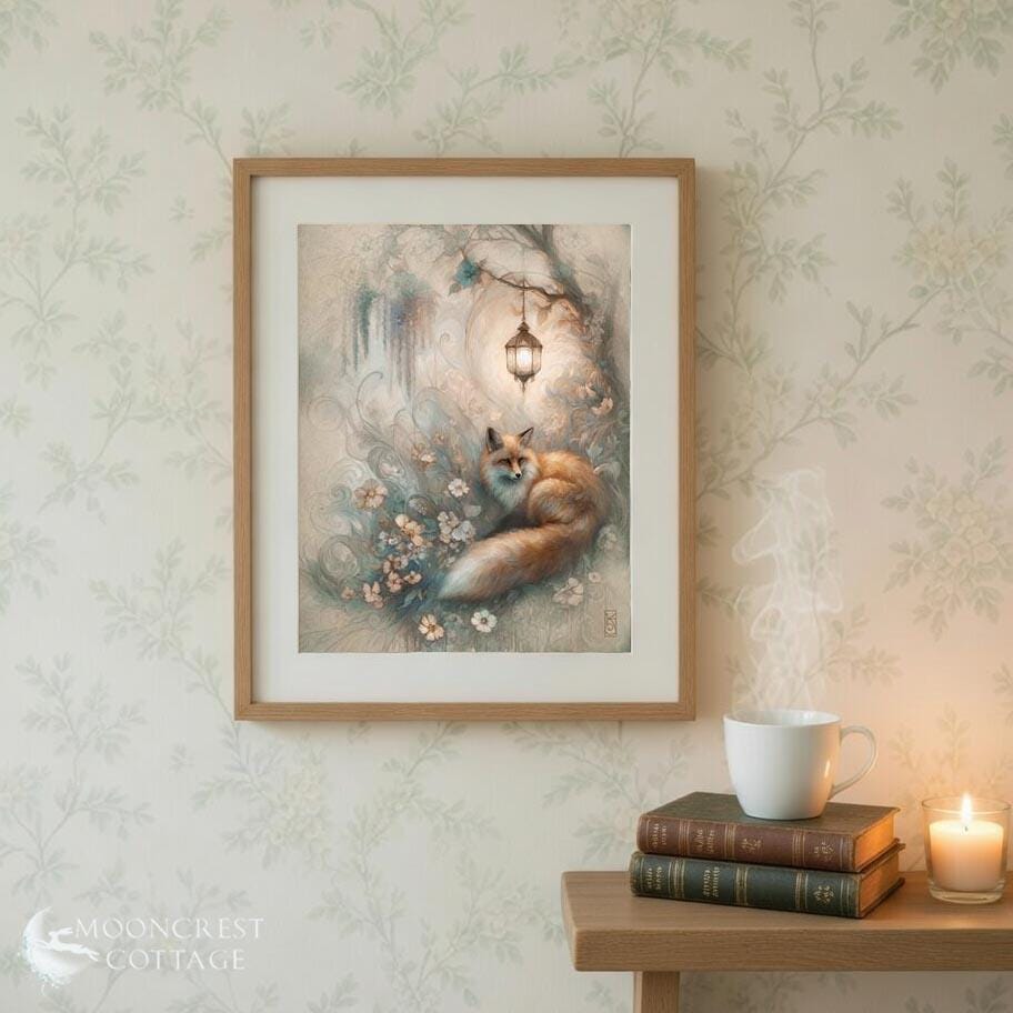 a framed painting of a fox sitting in a garden, surrounded by flowers and a lantern, hanging on a wall above a wooden table with a cup of coffee and a stack of books.