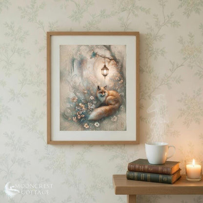 a framed painting of a fox sitting in a garden, surrounded by flowers and a lantern, hanging on a wall above a wooden table with a cup of coffee and a stack of books.
