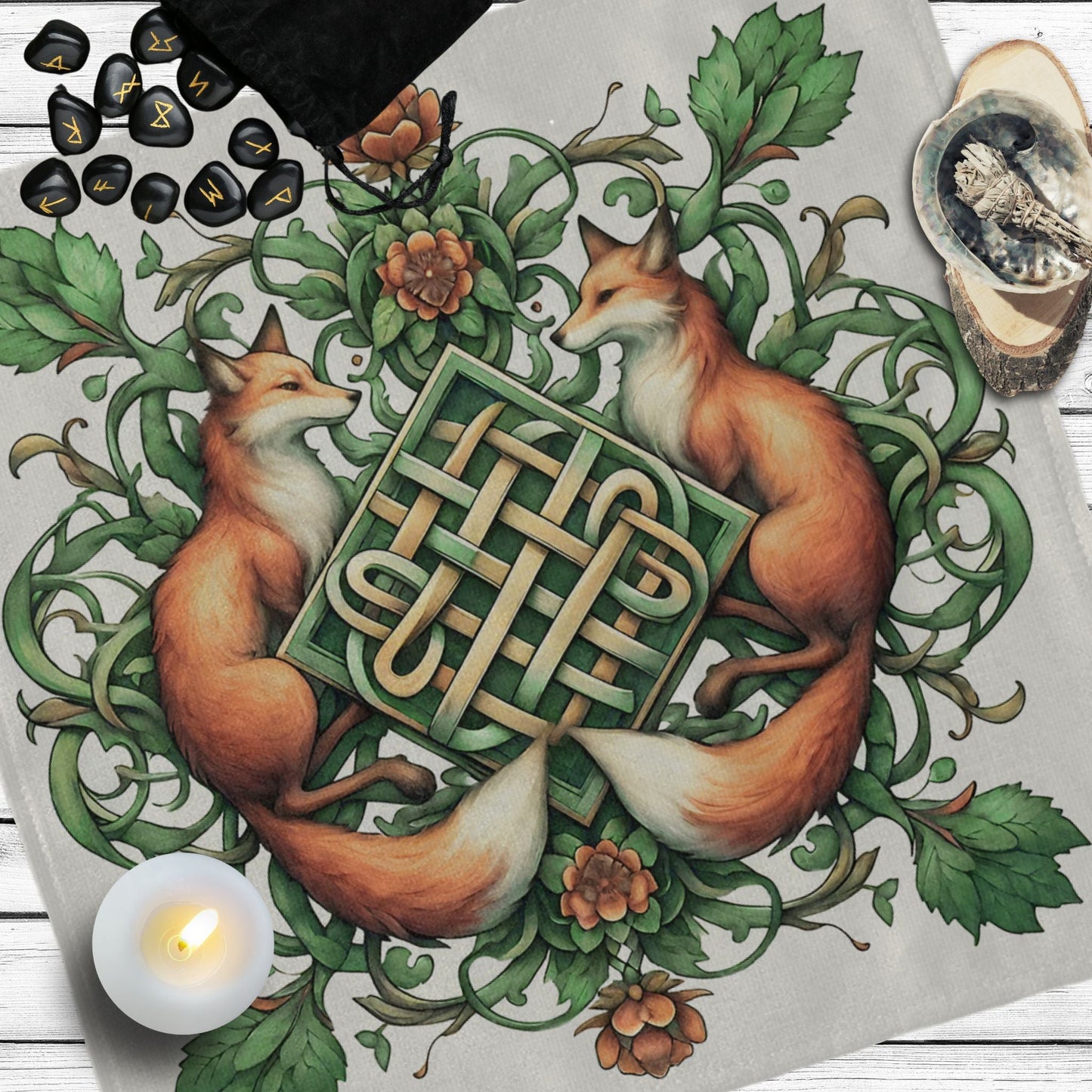 a painting of two foxes on a table with a candle