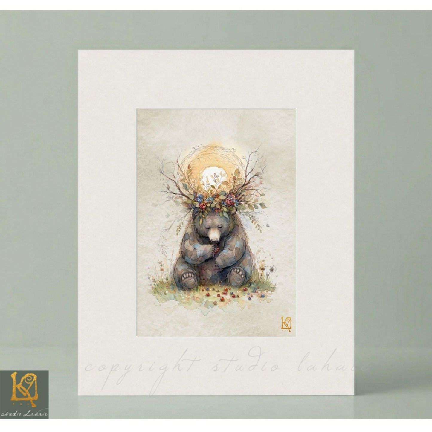 A painting of a bear wearing a crown of flowers, sitting on a grassy field.