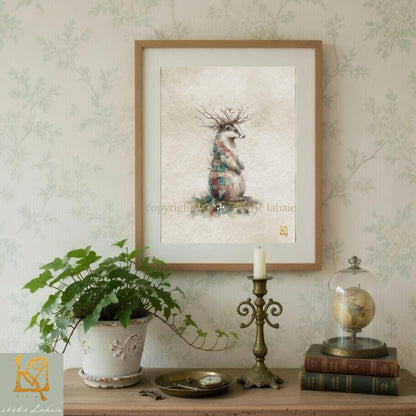 a framed painting of a bird with a crown, a potted plant, a candle, and some books on a shelf.