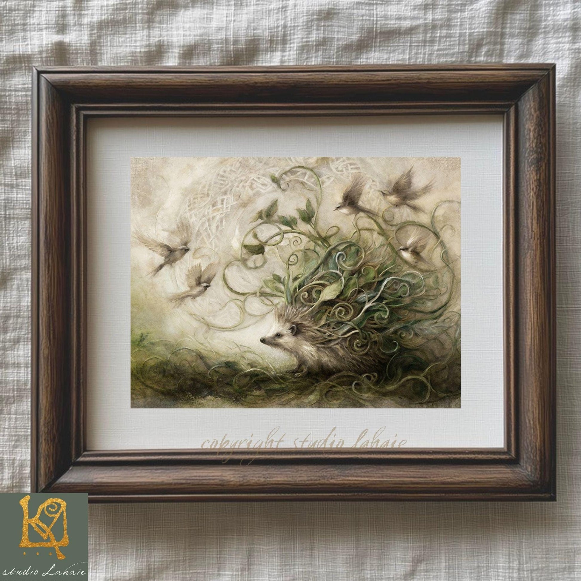 The image is a framed painting depicting a fantastical creature with a large head surrounded by a lush, green environment.
