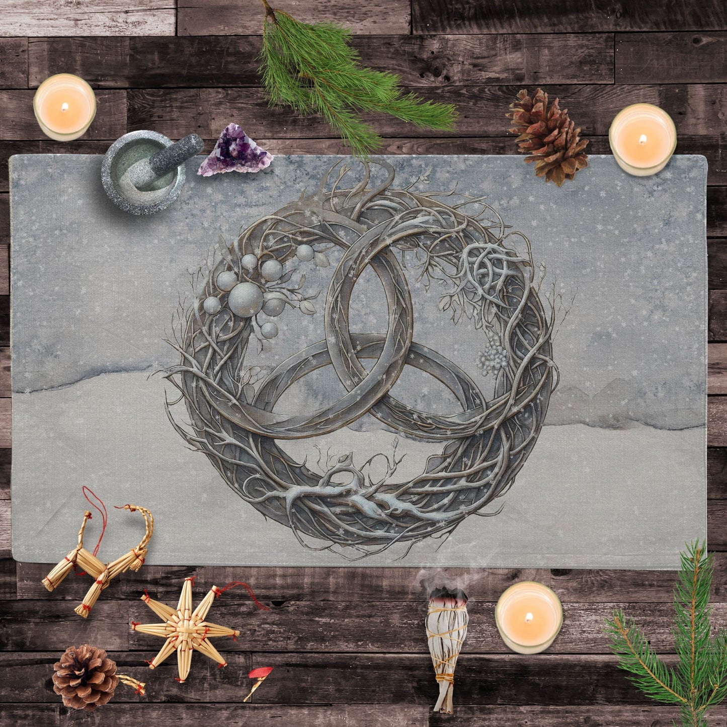 a place mat with a picture of two wedding rings on it