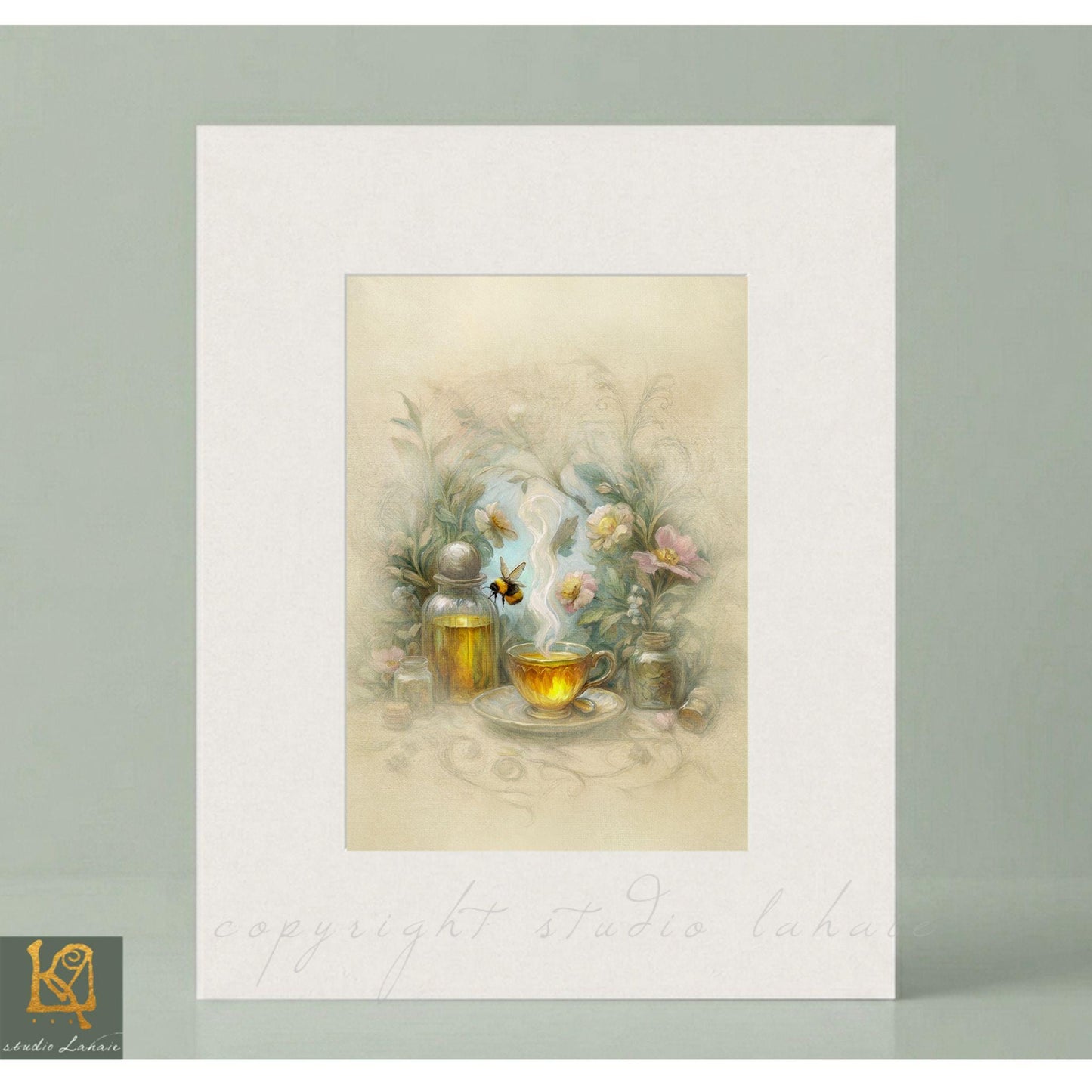 A framed painting depicting a tea set with a bee hovering over it, surrounded by flowers and foliage.