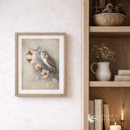 a framed painting of an owl perched on a branch, with a lantern and flowers in the background, hanging on a wall next to a bookshelf.