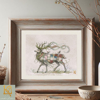 a framed painting of a deer with a checkered pattern on its body, standing in a grassy field.