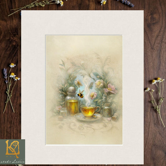 The image is a framed print depicting a tea set with a bee hovering over it, surrounded by flowers and plants.