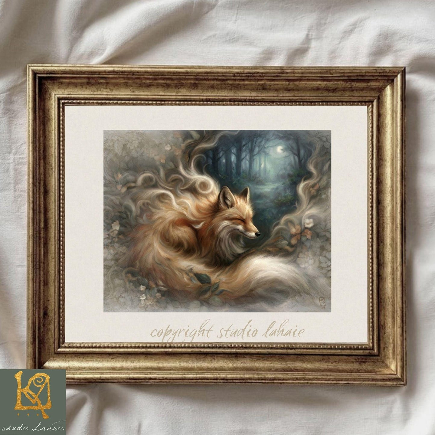 The image is a framed painting depicting a fox in a forest setting, with a serene and ethereal atmosphere.