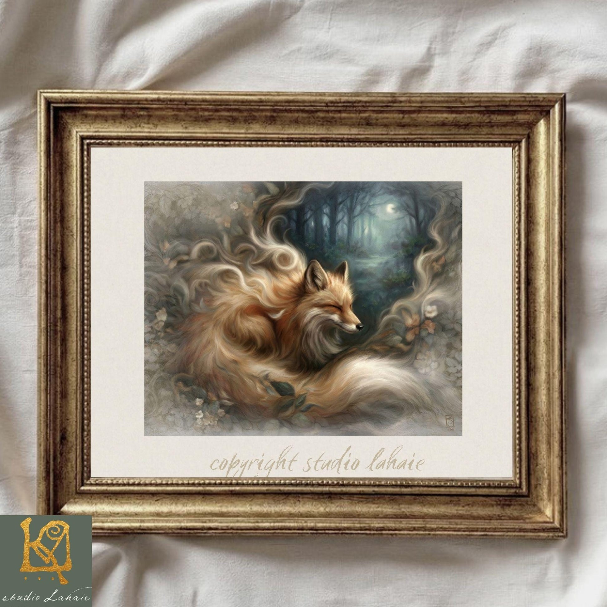 The image is a framed painting depicting a fox in a forest setting, with a serene and ethereal atmosphere.