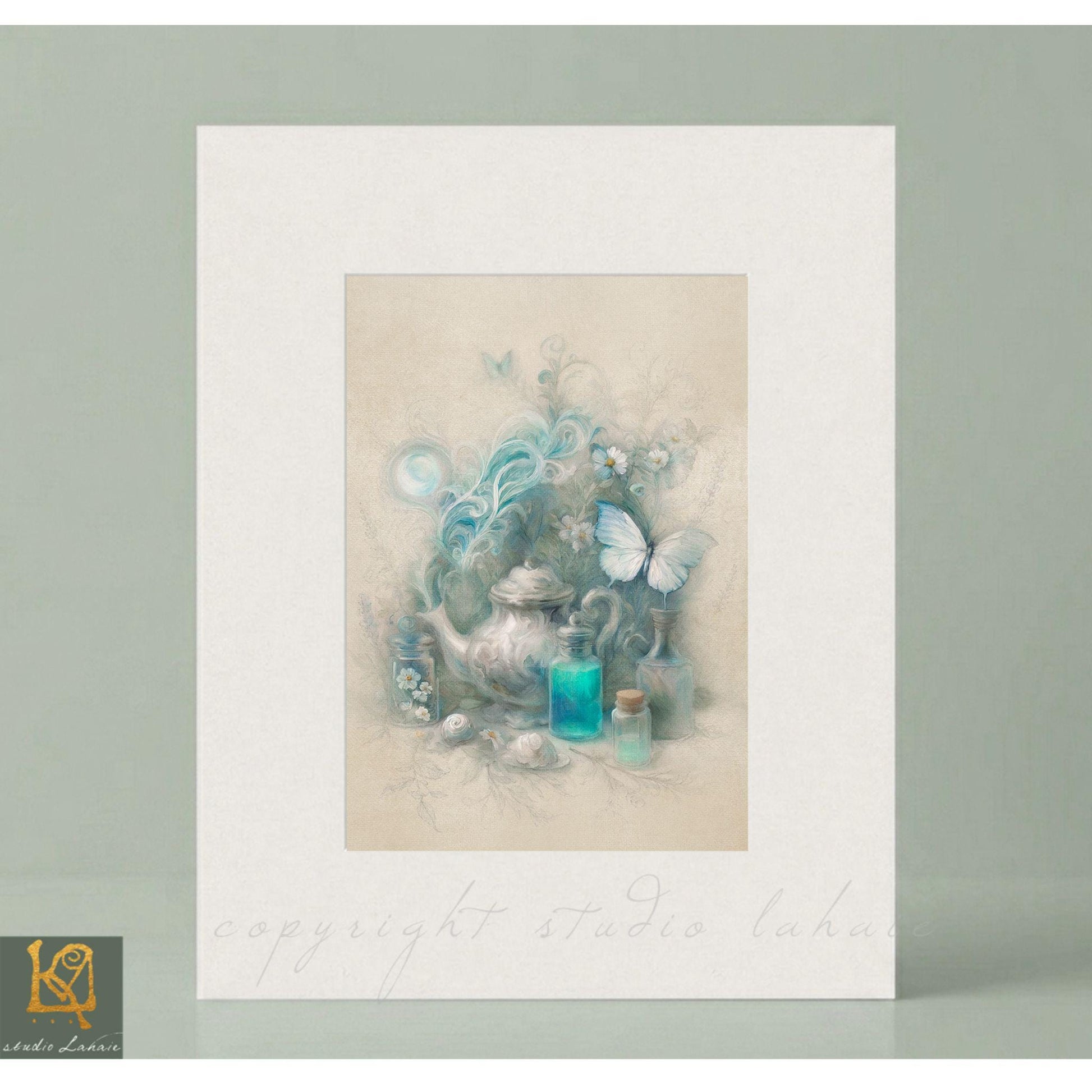 A framed artwork depicting a teapot, flowers, and butterflies, with a text overlay that reads "Copyright Studio lah".
