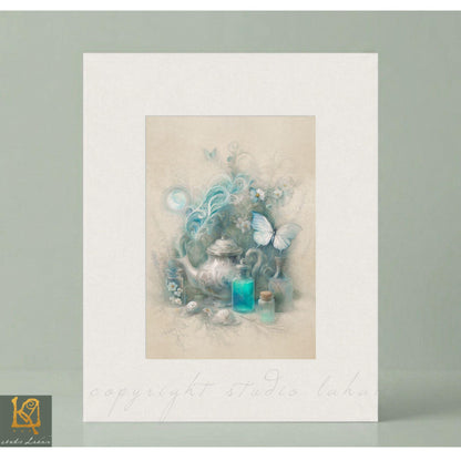 A framed artwork depicting a teapot, flowers, and butterflies, with a text overlay that reads "Copyright Studio lah".