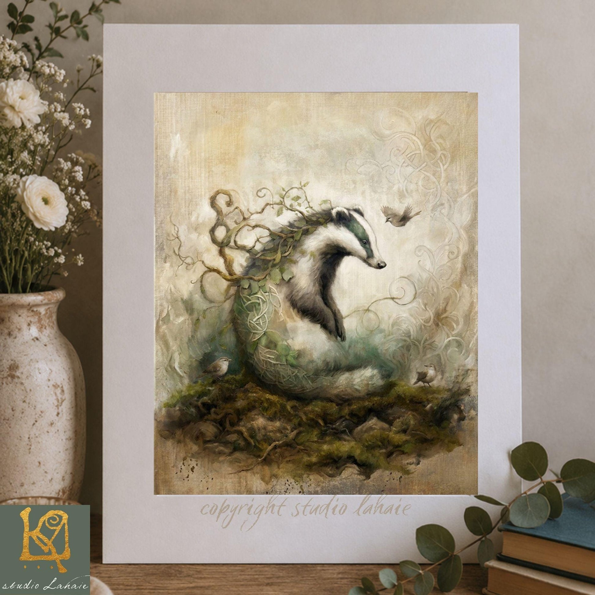 The image is a framed artwork depicting a badger surrounded by a lush, natural environment with a bird nearby.