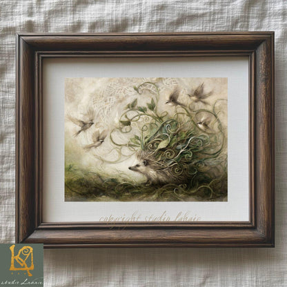 The image is a framed painting depicting a fantastical creature with a large head surrounded by a lush, green environment.