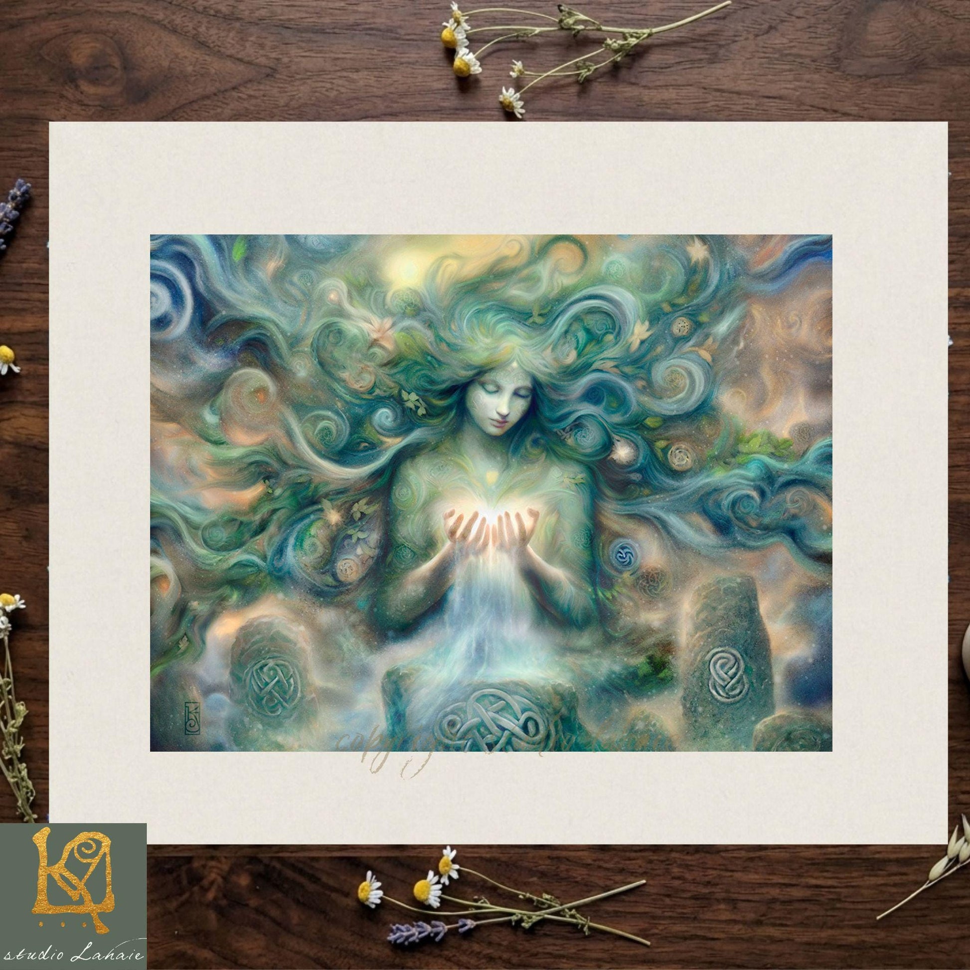 The image is a painting depicting a woman with flowing, ethereal hair surrounded by swirling, fantastical elements.