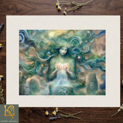The image is a painting depicting a woman with flowing, ethereal hair surrounded by swirling, fantastical elements.