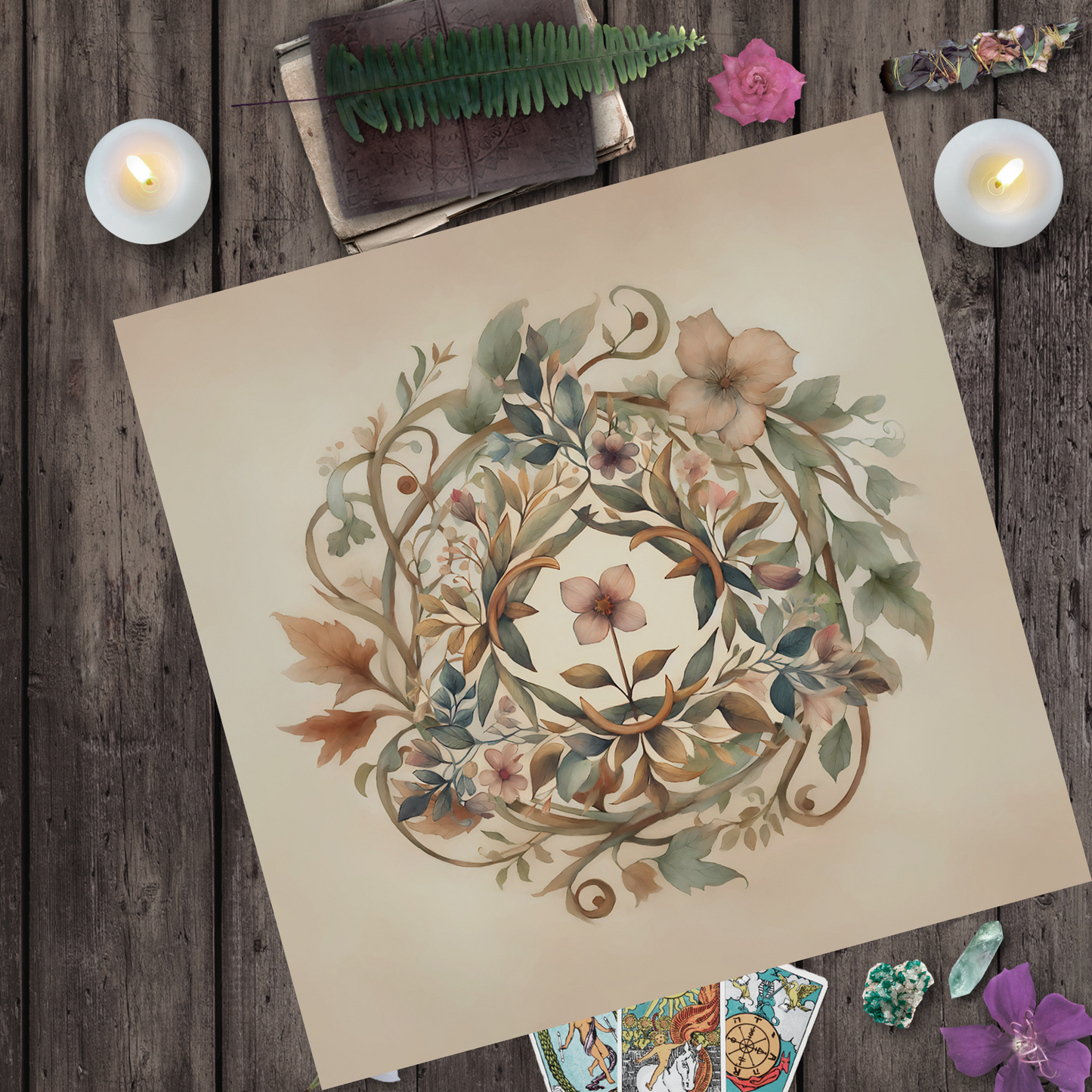 Renaissance Flower Mandala Altar Tarot Cloth - Vintage Pagan Wicca Witch Decor Square