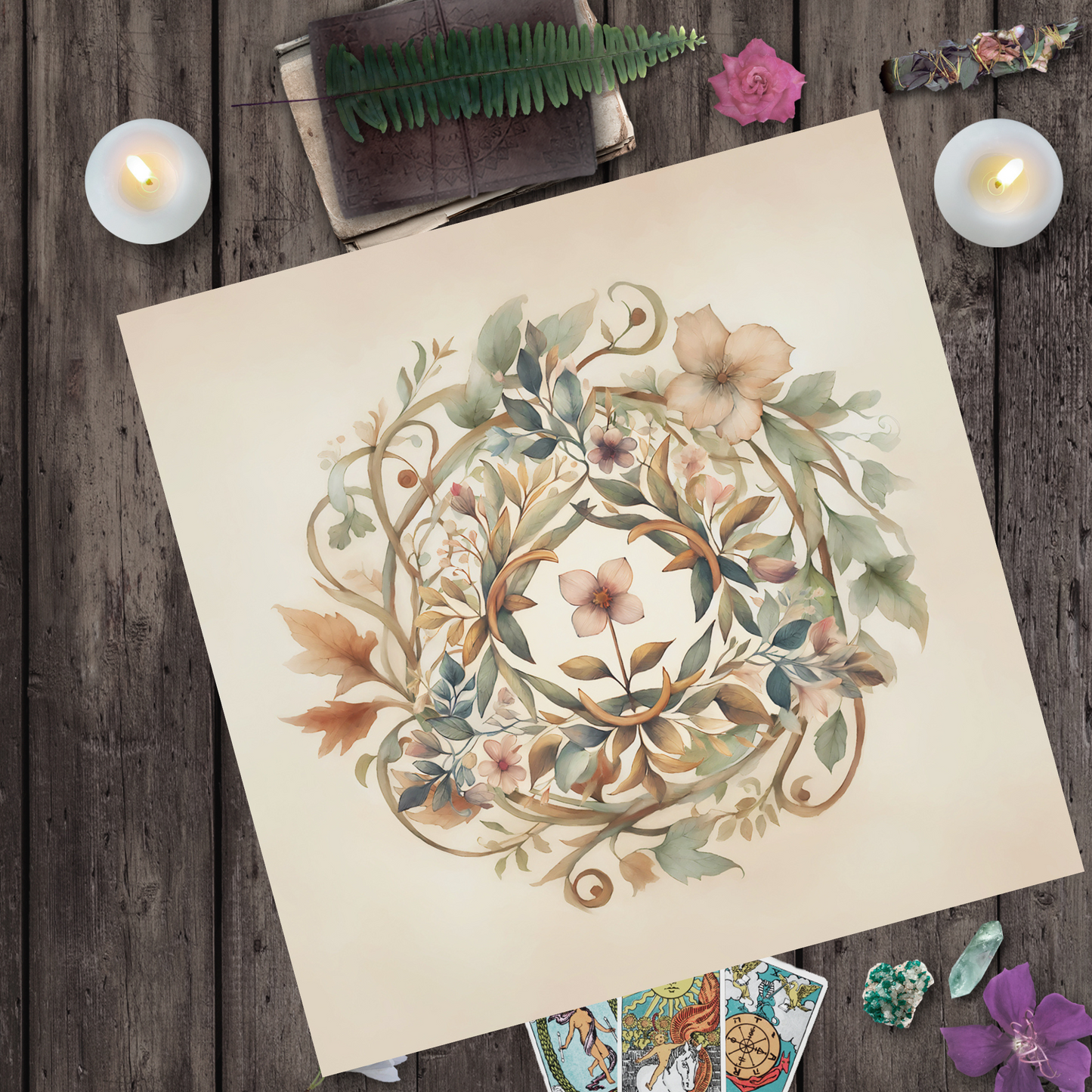 Renaissance Flower Mandala Altar Tarot Cloth - Vintage Pagan Wicca Witch Decor Square