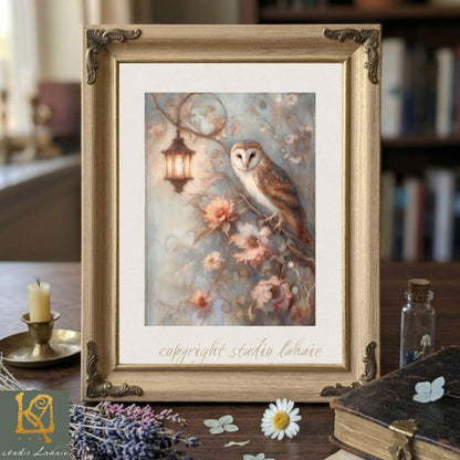 a framed painting of an owl perched on a branch with flowers, placed on a wooden surface. The painting is surrounded by various objects, including a candle, a book, and some flowers.