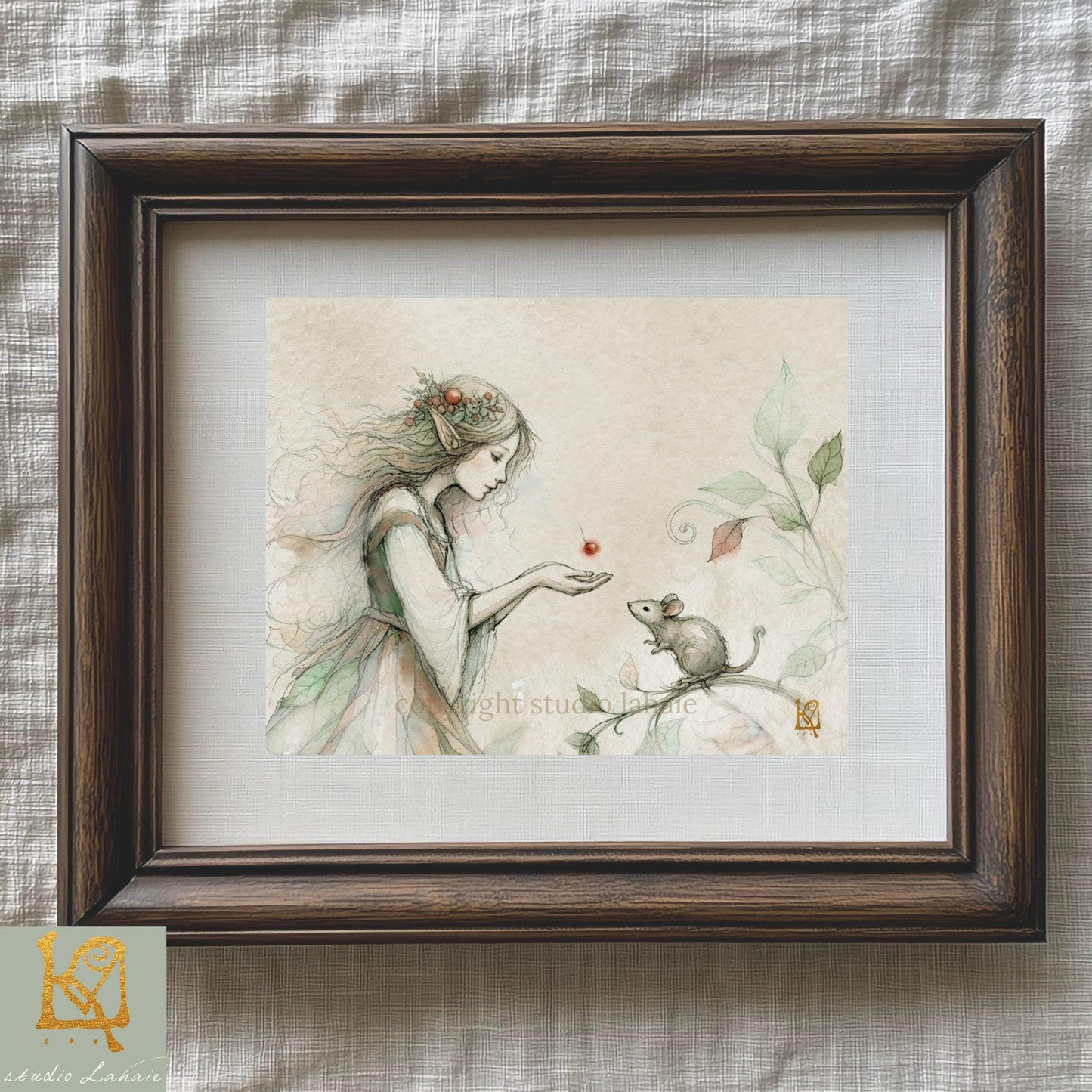 A framed illustration depicting a fairy with a mouse, surrounded by leaves and flowers.