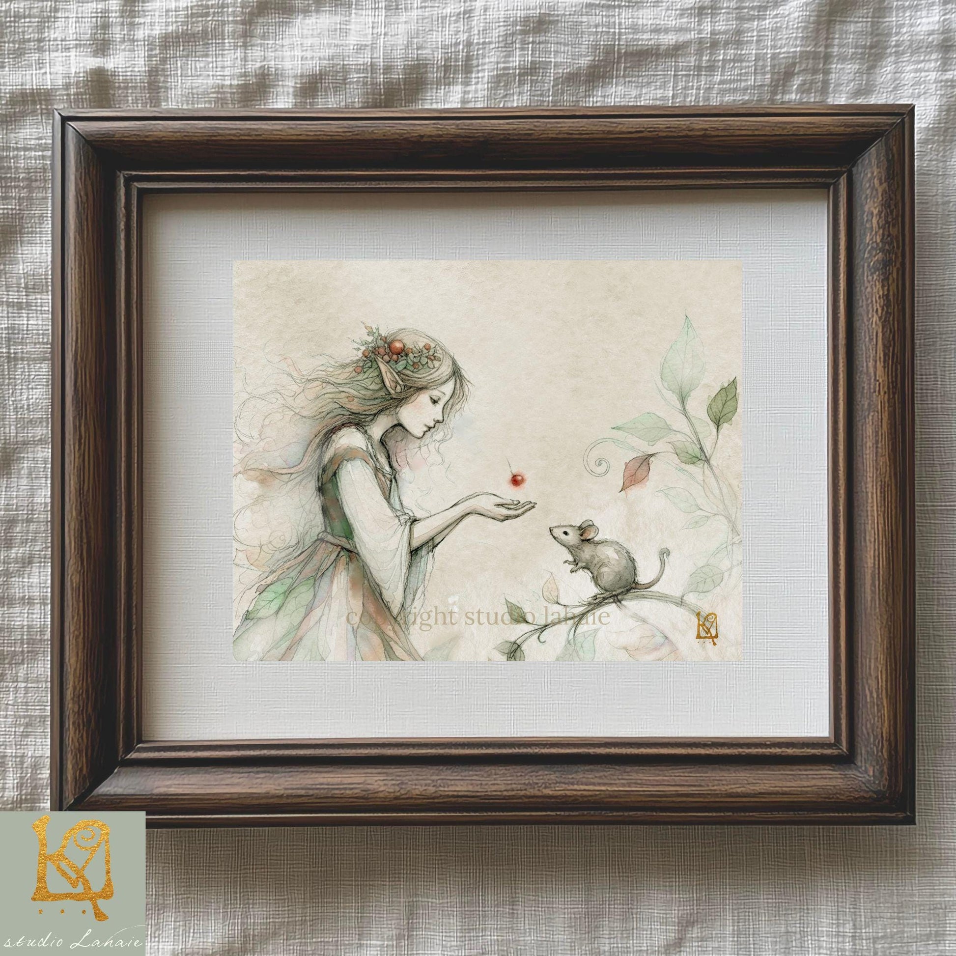 A framed illustration depicting a fairy with a mouse, surrounded by leaves and flowers.