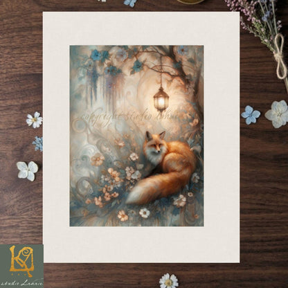 A painting of a fox sitting in a garden, surrounded by flowers and a lantern, with the text "skylight studio" written on the painting.