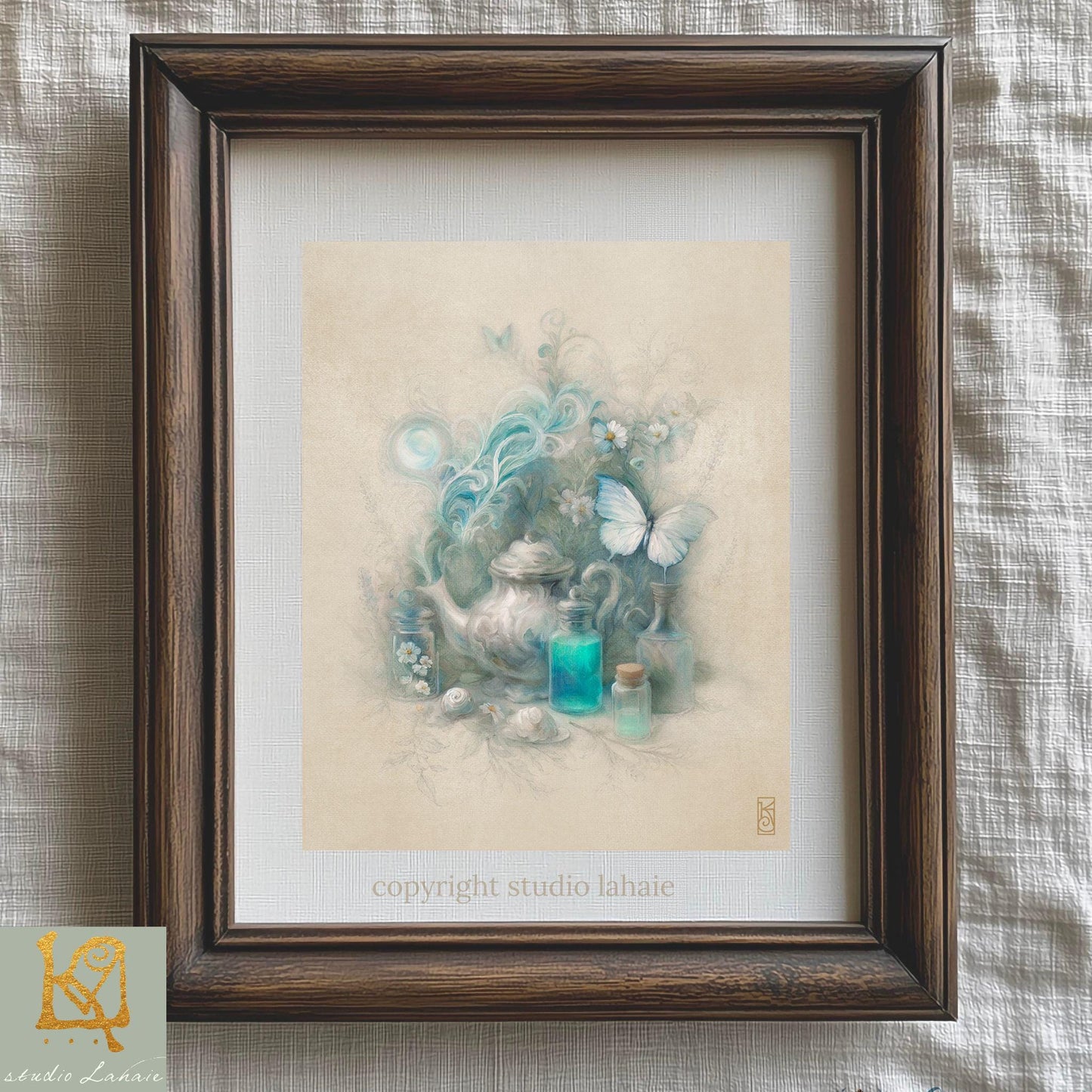 The image is a framed artwork depicting a teapot, flowers, and butterflies, with a wooden frame.