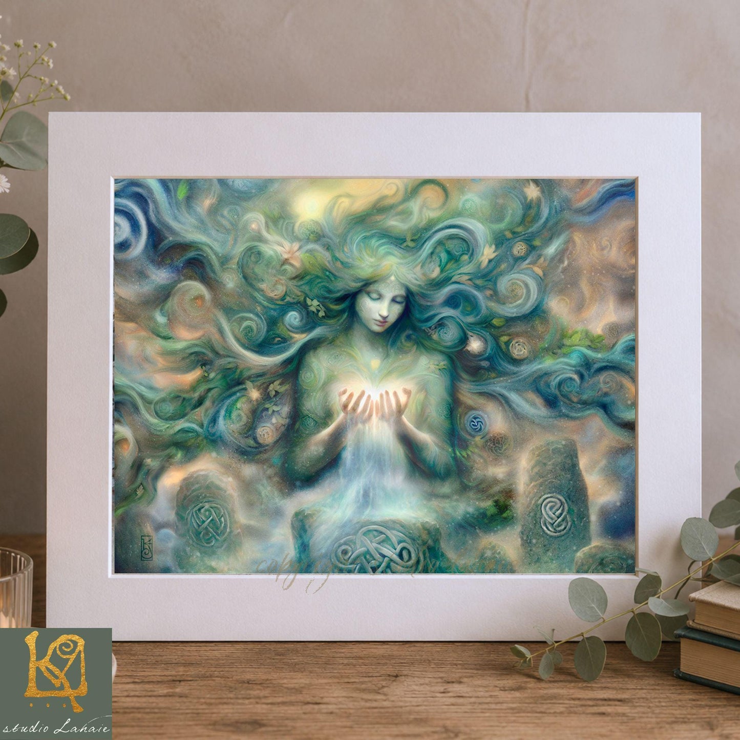 The image is a framed artwork depicting a woman with flowing, ethereal hair surrounded by swirling, vibrant colors and patterns, creating a mystical and enchanting atmosphere.