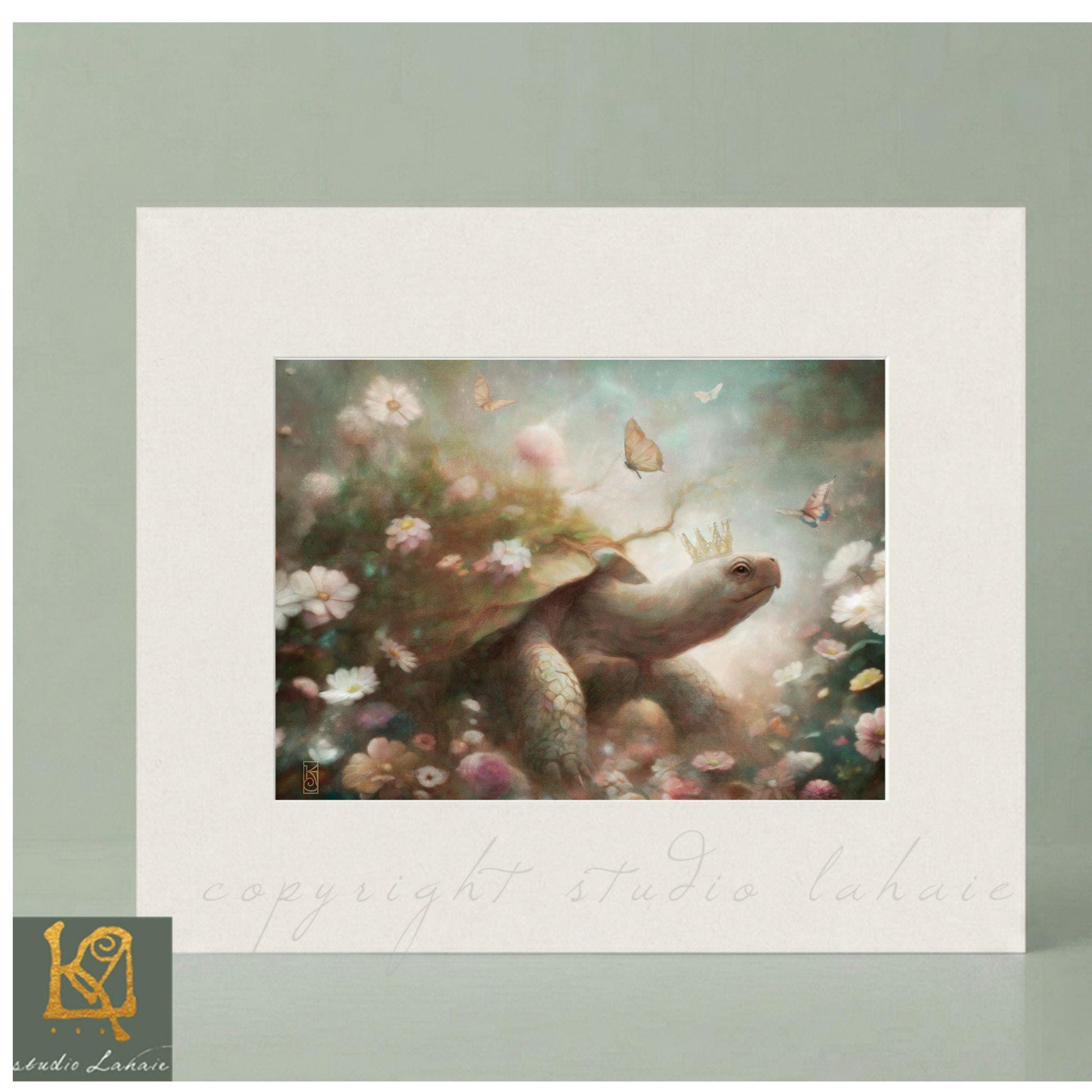 A painting of a turtle surrounded by flowers and butterflies, with the artist's signature "Studio Lahnie" in the bottom right corner.