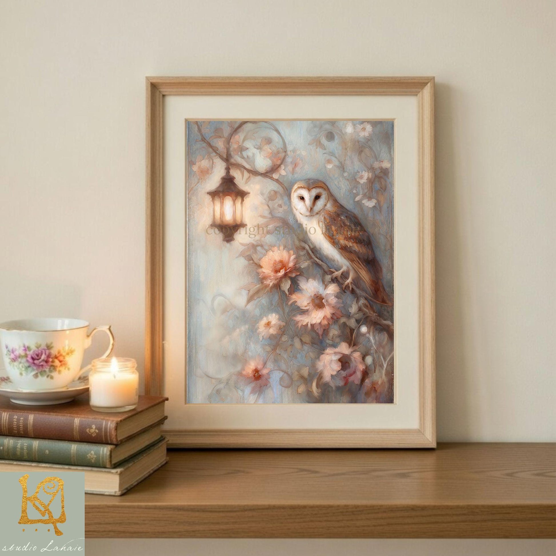 a framed painting of an owl perched on a branch with flowers, placed on a wooden shelf next to a stack of books and a lit candle.