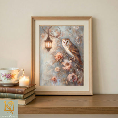 a framed painting of an owl perched on a branch with flowers, placed on a wooden shelf next to a stack of books and a lit candle.
