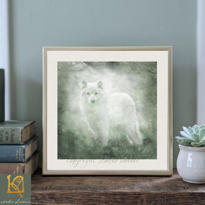 A framed painting of a white wolf standing in a forest, with a green and white color scheme.