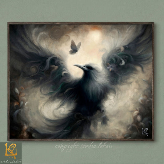The image is a painting depicting a large black bird with outstretched wings, surrounded by swirling clouds and a small butterfly.