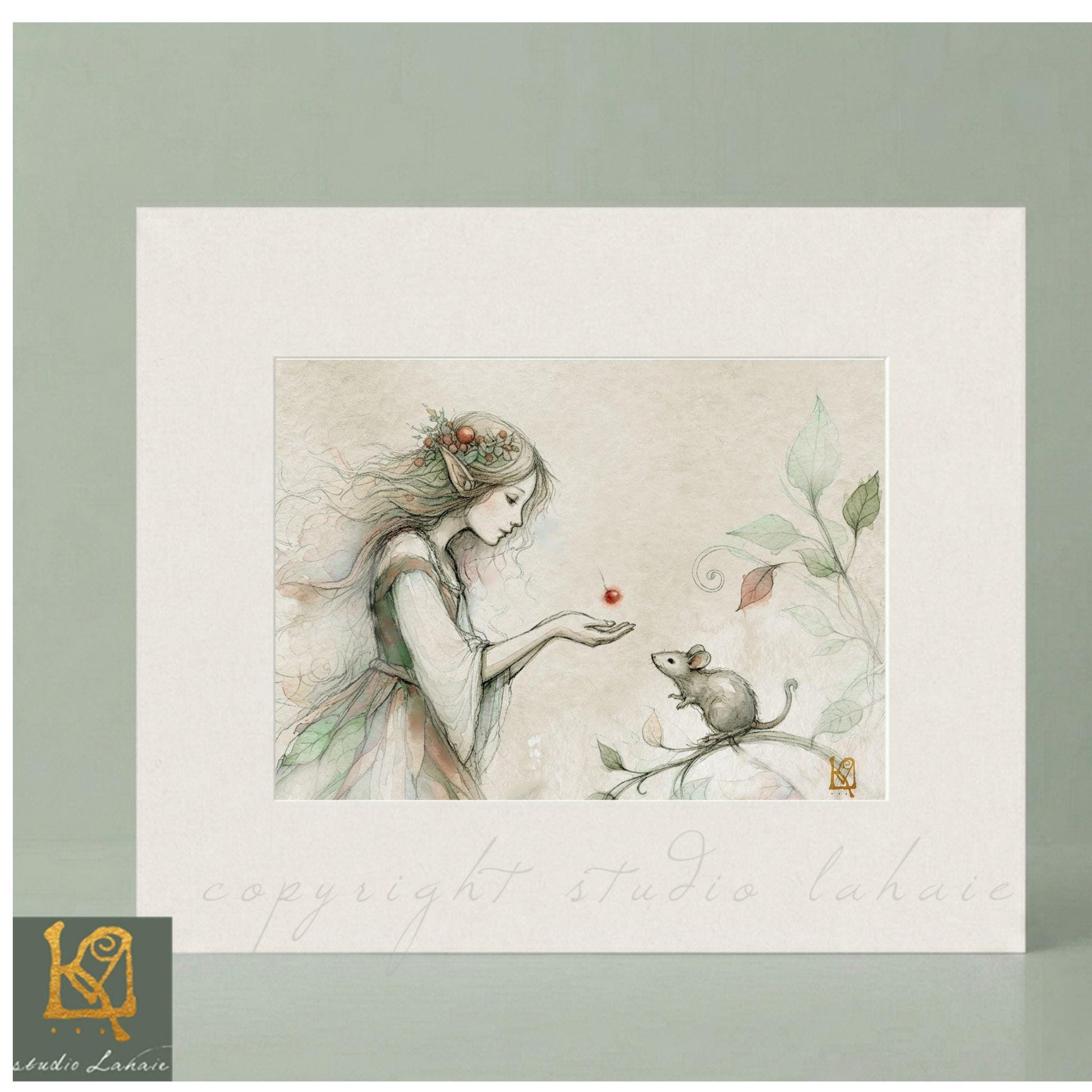 A woman with a flower crown is shown feeding a mouse, with leaves and a bird in the background.