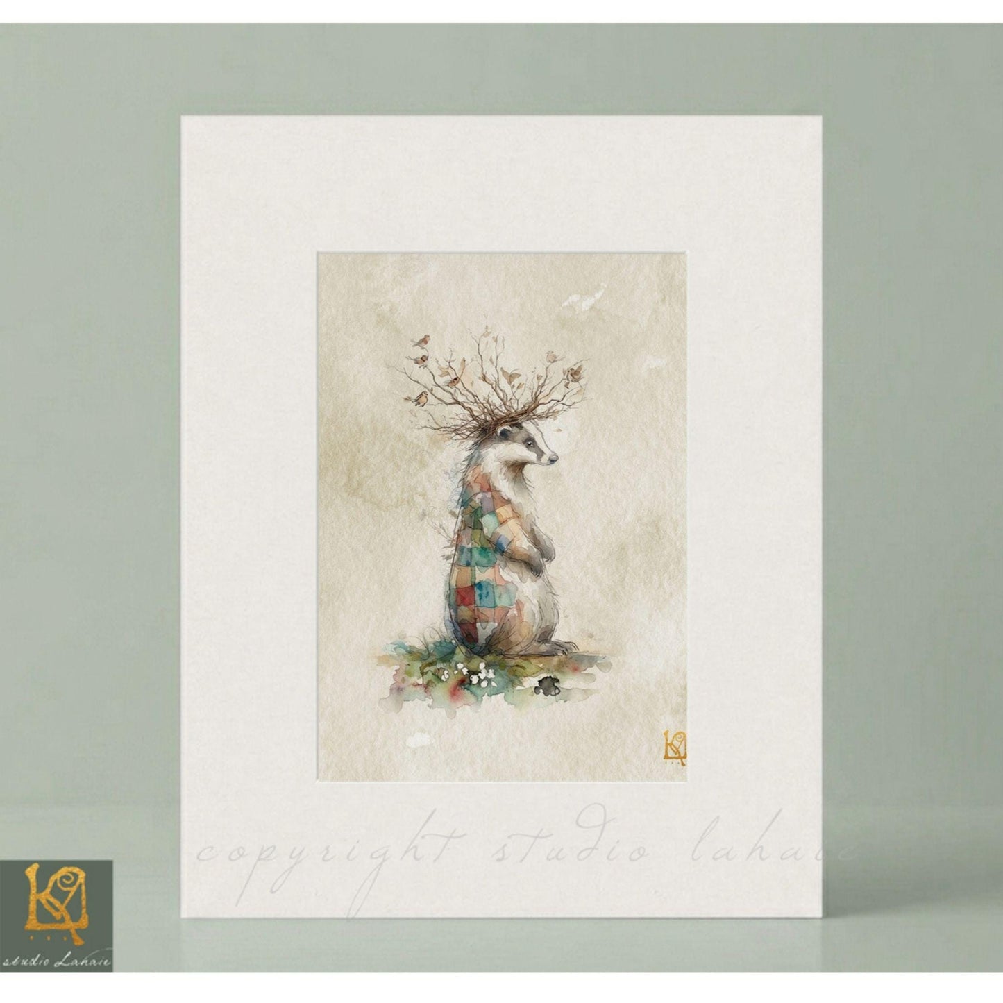 A watercolor painting of a badger with a crown of flowers on its head, set against a light green background.