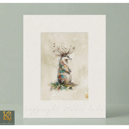 A watercolor painting of a badger with a crown of flowers on its head, set against a light green background.