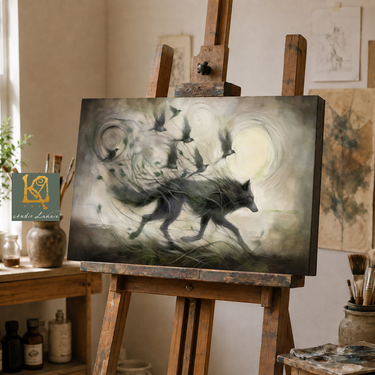 a large painting of a wolf on an easel in an art studio.