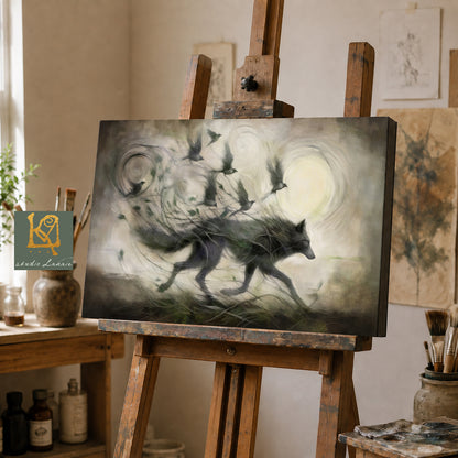 a large painting of a wolf on an easel in an art studio.