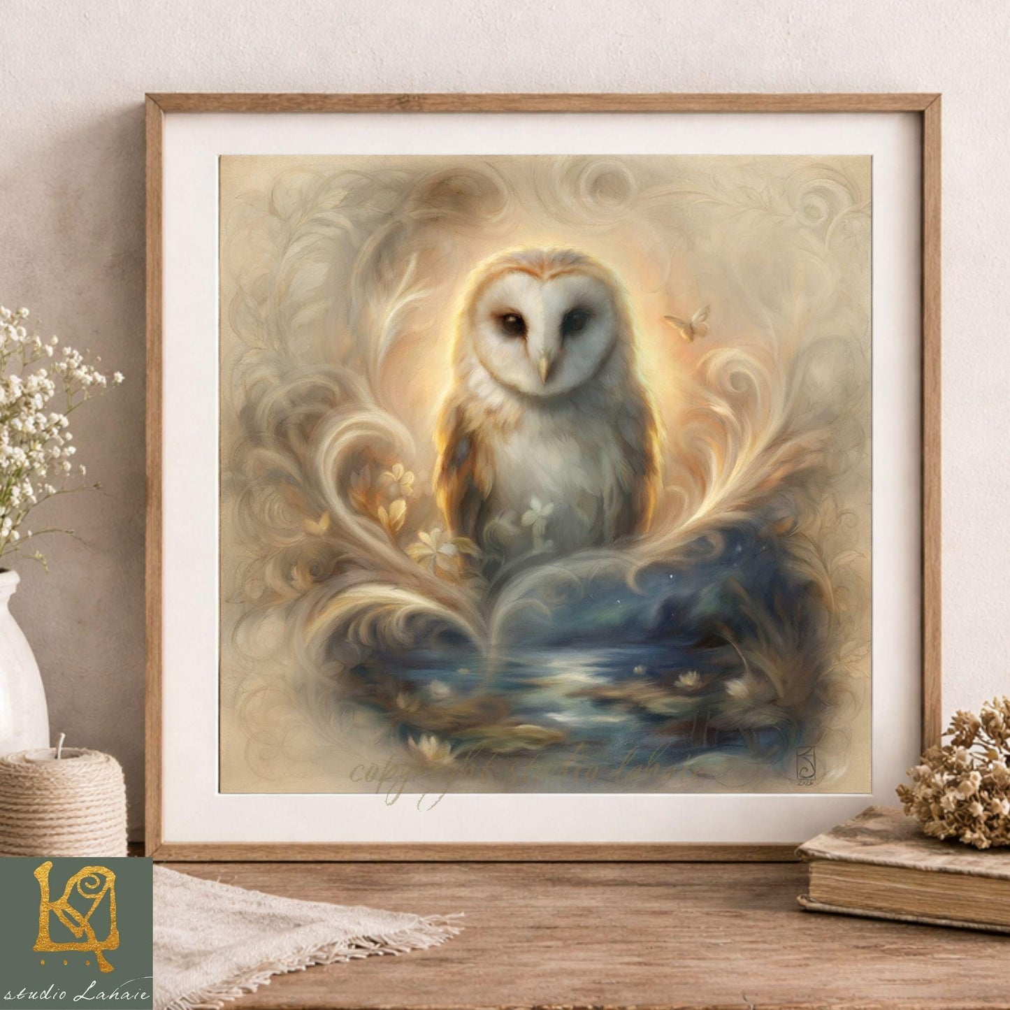 The image is a framed artwork depicting a white owl with a golden head and wings, surrounded by a swirling pattern of flowers and water.