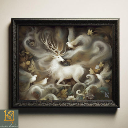 Mythic White Stag Painting Art Print - Ethereal Sanctuary Animal Spirit Wall Art