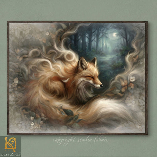 A digital painting of a fox with flowing golden fur, surrounded by a forest and a crescent moon in the background.